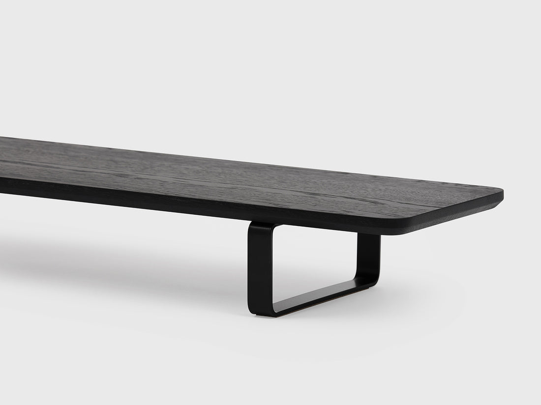 black wooden desk shelf with black legs - closeup | black, black