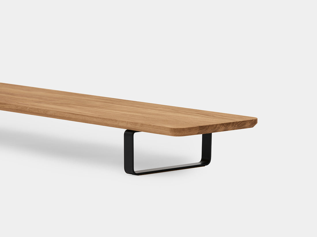 oak desk shelf with black legs - closeup | oak, black
