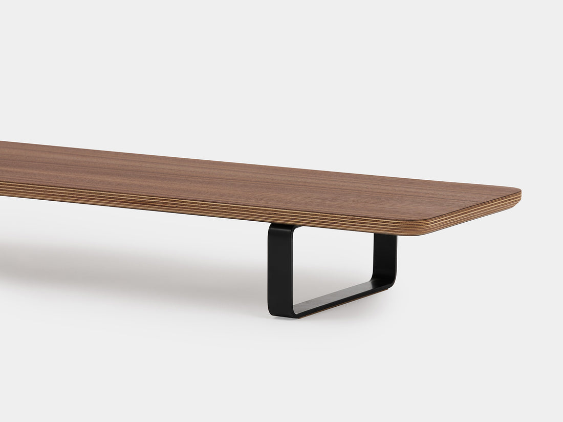 walnut veneer desk shelf with black legs - closeup | walnut veneer, black