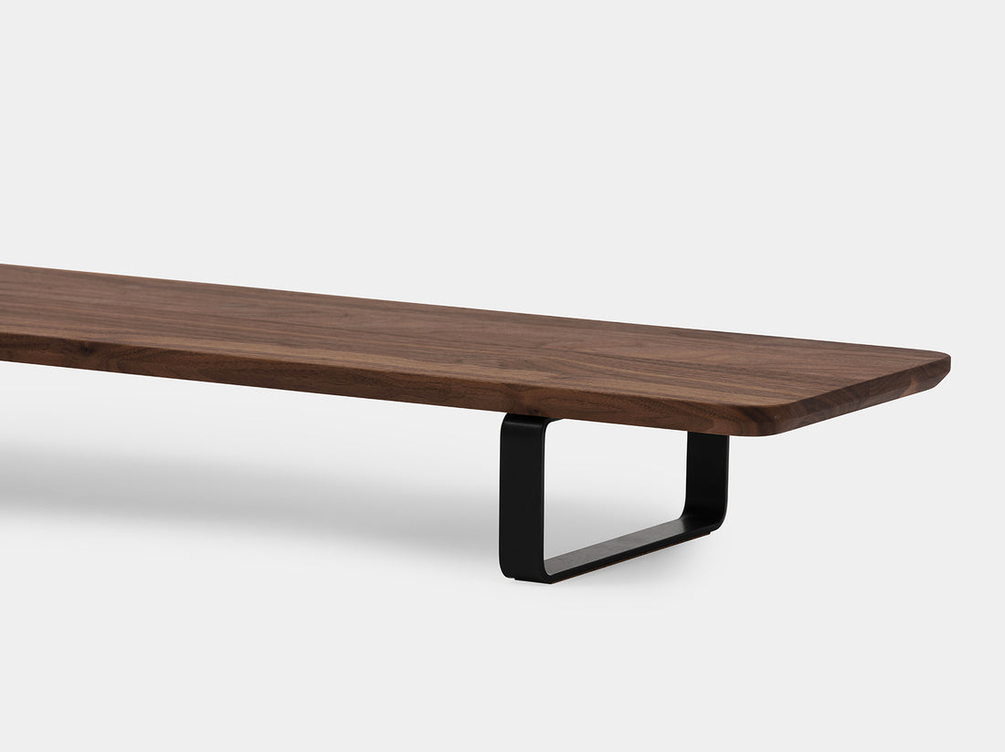 walnut desk shelf with black legs - closeup | walnut, black