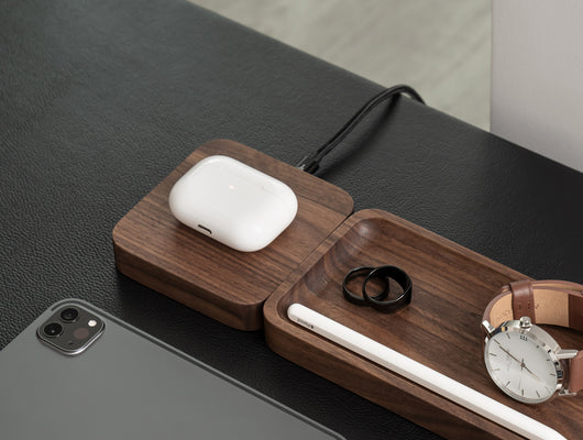 oakyblocks walnut wooden wireless charger desk setup with airpods | -