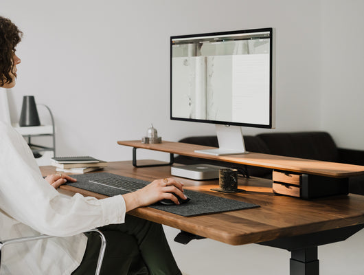 walnut wooden desk shelf with standing desk setup | walnut,