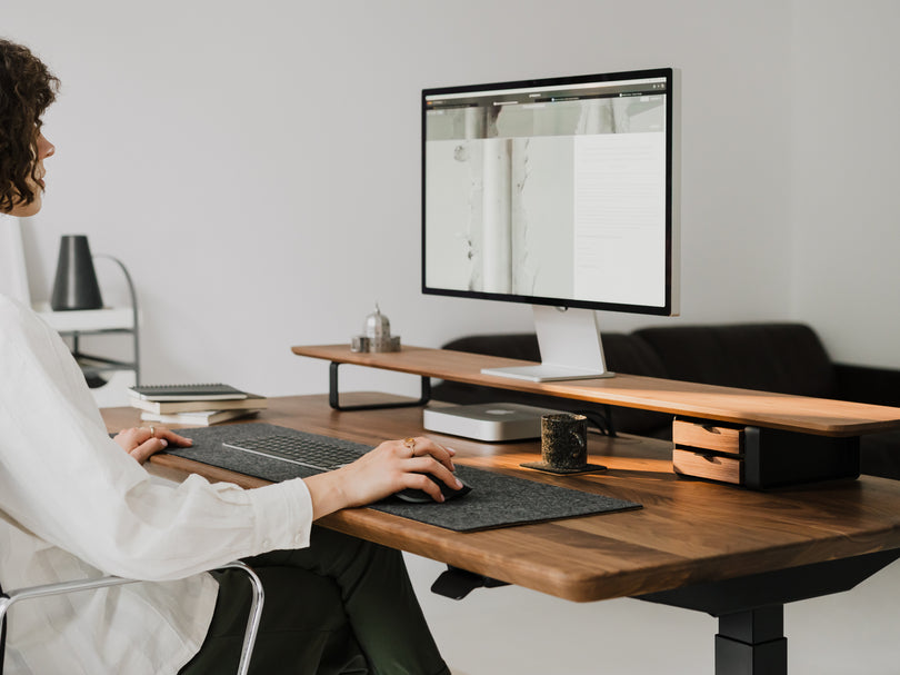 walnut wooden desk shelf with standing desk setup | walnut,