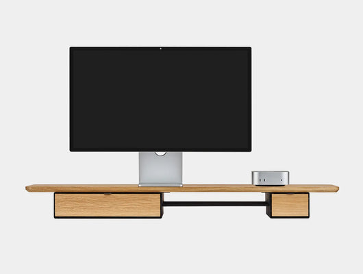 oakywood wooden desk shelf pro, solid wood monitor stand front view with mac mini | oak, single drawer, black