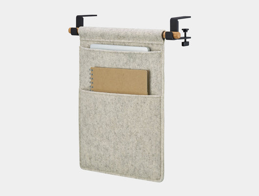 Hanging Desk Organizer	Oakywood Hanging Desk Organizer with stone grey felt pocket, oak wooden rod and black metal clamps – elegant side mounted storage for office accessories | stone grey, oak, black