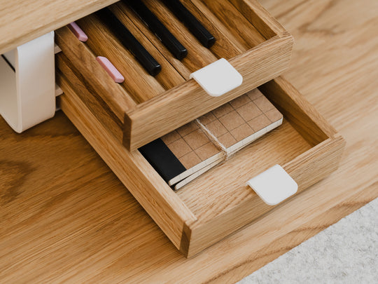 oakywood small oak dual modular drawer with white base closeup | oak, , white