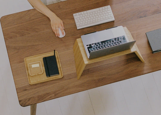 wooden desk and wooden laptop accessories