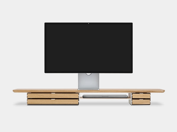Modern monitor stand  a white background oakywood wooden desk shelf pro, solid wood monitor stand side view | light oak, dual drawer, white