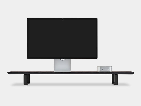 black wooden desk shelf with black legs - closeup | black, black