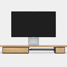 Modern monitor stand  a white background oakywood wooden desk shelf pro, solid wood monitor stand side view | light oak, single drawer, black
