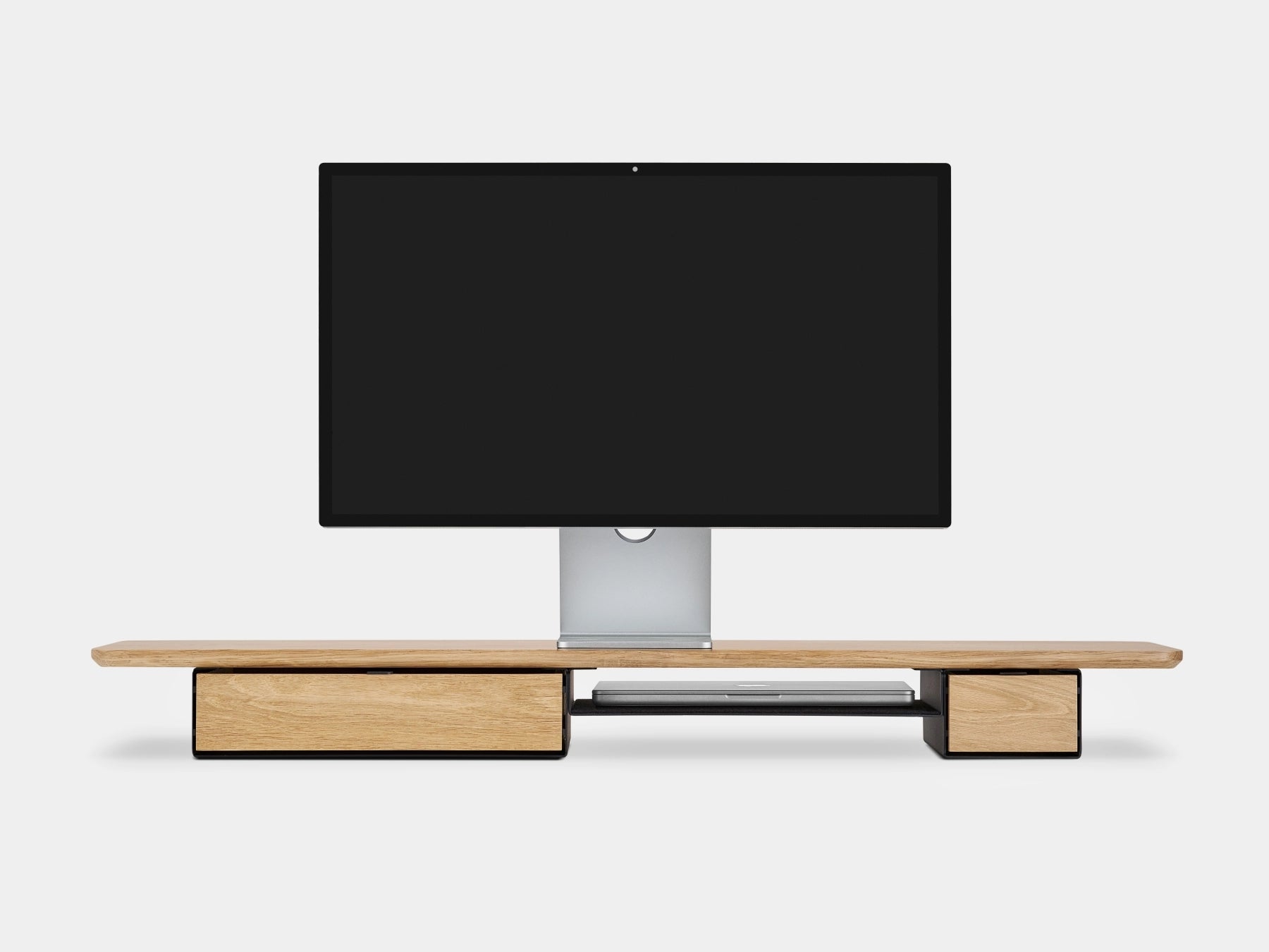 Modern monitor stand  a white background oakywood wooden desk shelf pro, solid wood monitor stand side view | light oak, single drawer, black