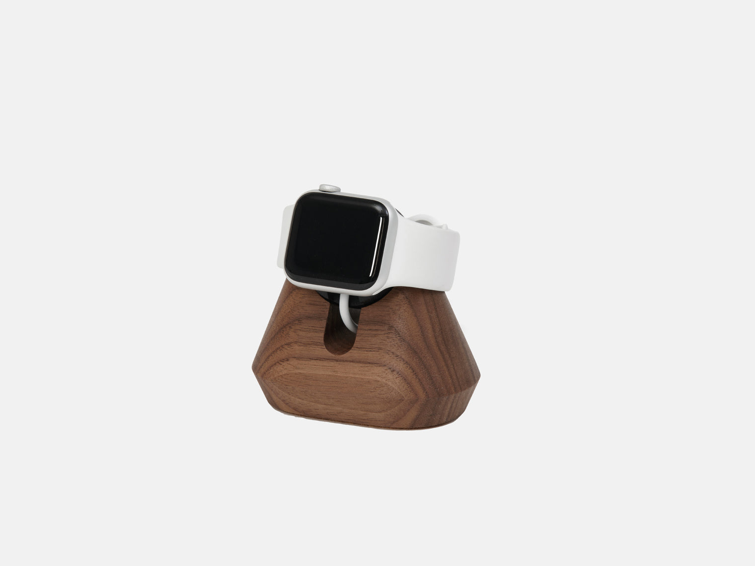 walnut magnetic charging apple watch stand - in use | walnut