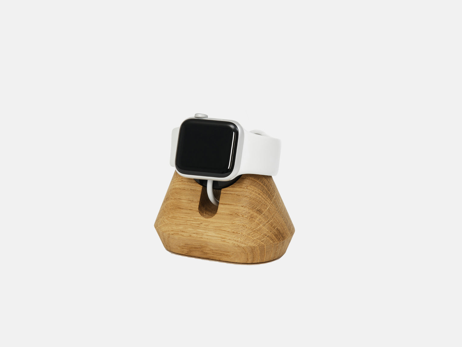 oak magnetic charging apple watch stand - in use | oak