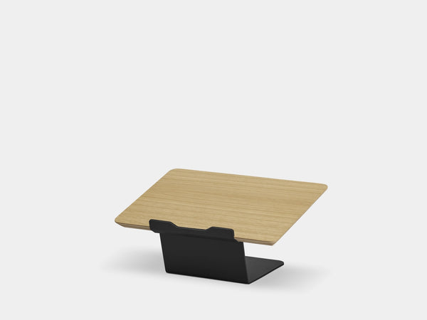 Wooden laptop stand on a white background | oak veneer, black
