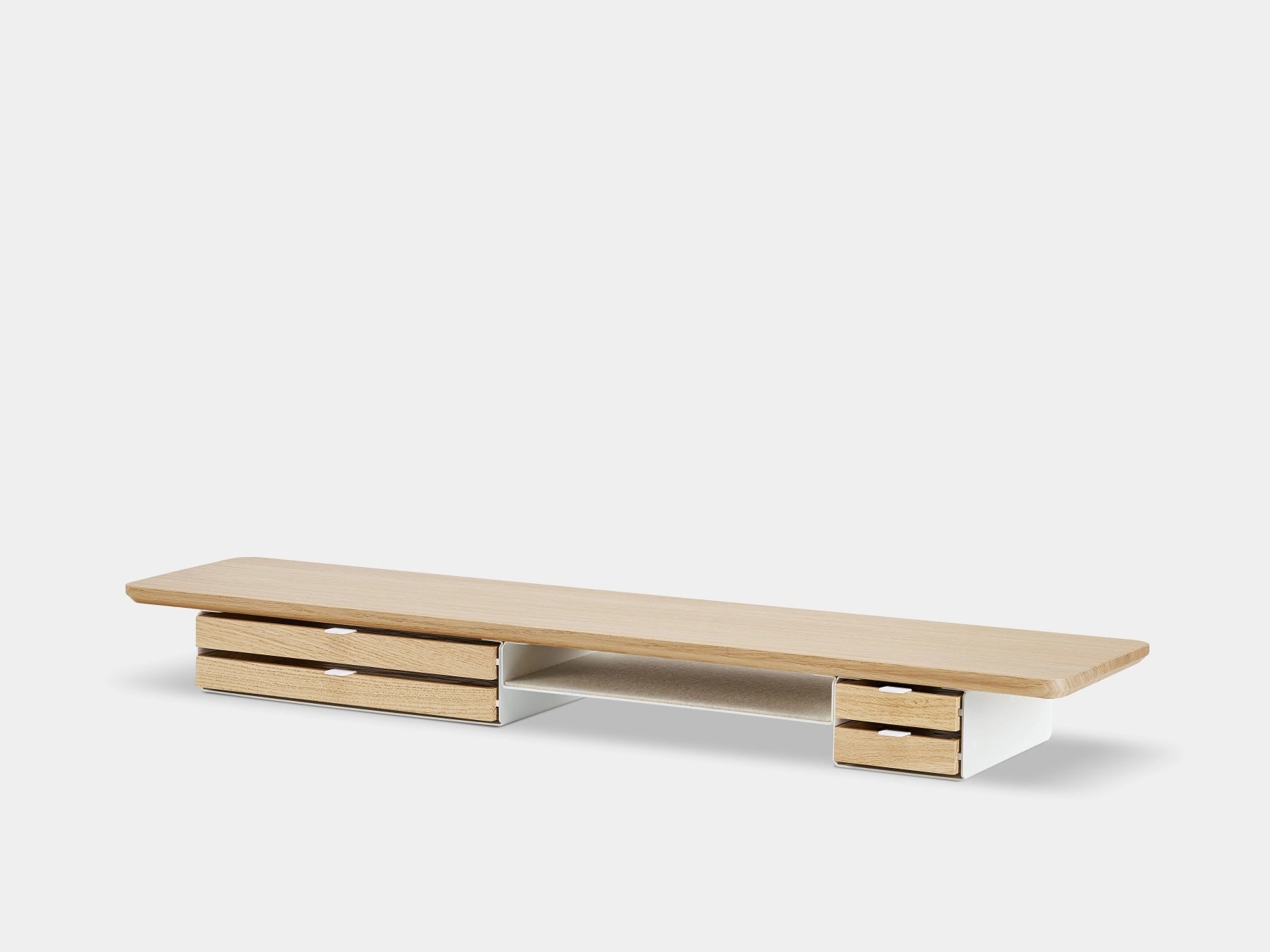 Modern monitor stand  a white background oakywood wooden desk shelf pro, solid wood monitor stand side view | light oak, dual drawer, white