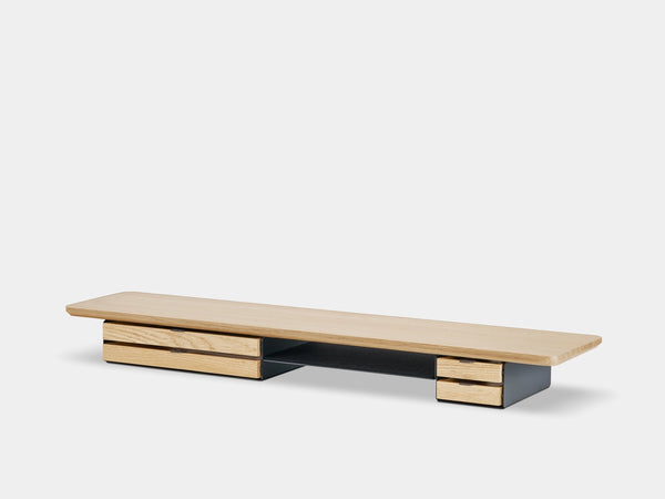 Modern monitor stand  a white background oakywood wooden desk shelf pro, solid wood monitor stand side view | light oak, dual drawer, black