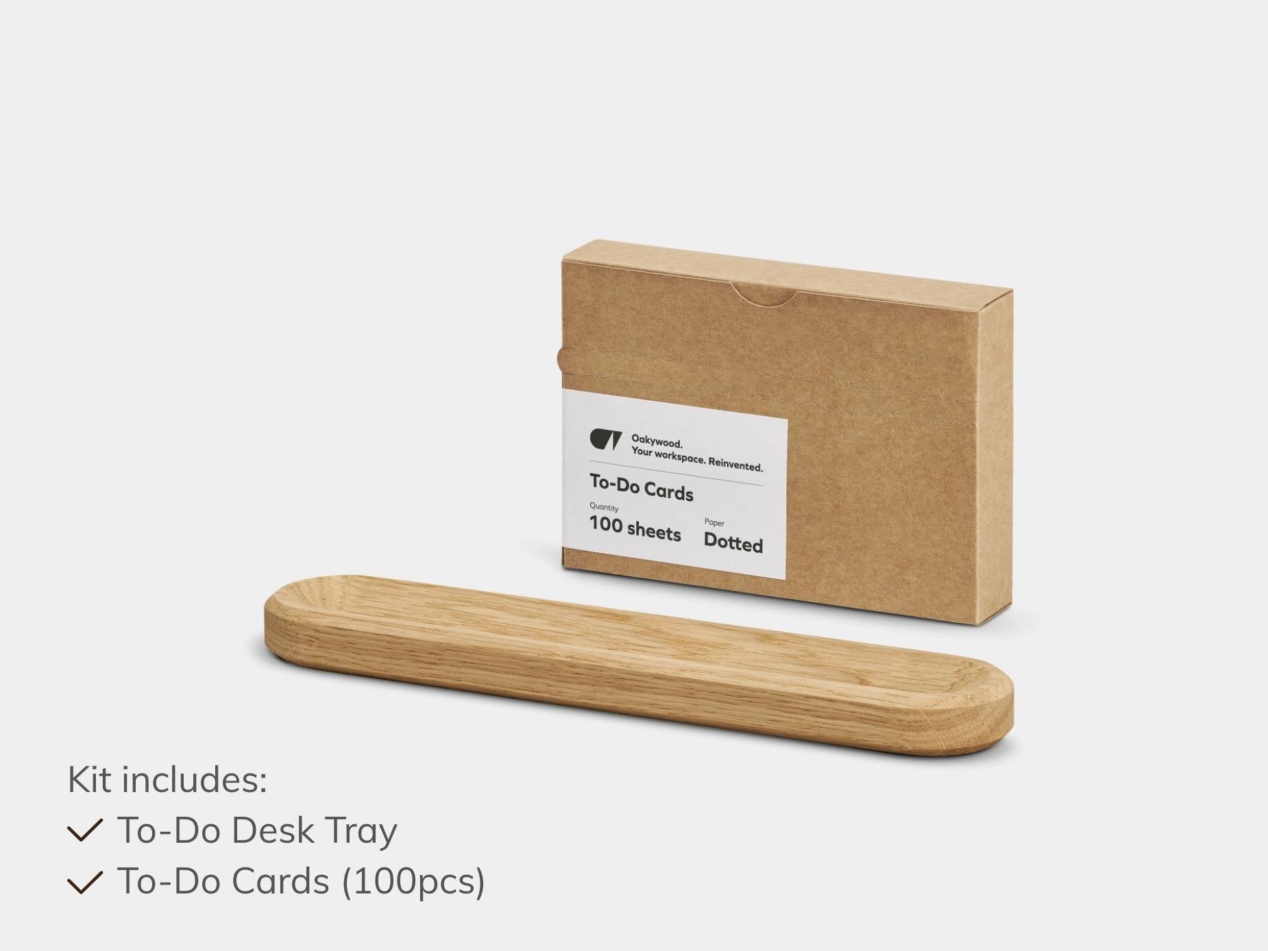 Wooden to-do desk tray and cardboard box with to-do cards on a white background | oak