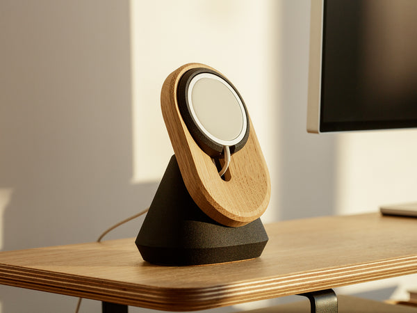 oak magsafe iphone stand on a veneer desk shelf | oak