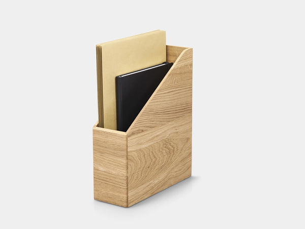 Wooden file holder with a black folder and beige file on a white background | oak