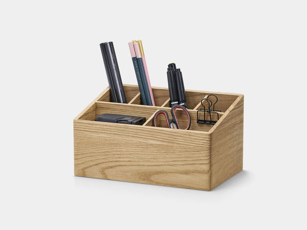 Wooden desk organizer with office supplies on a white background| oak