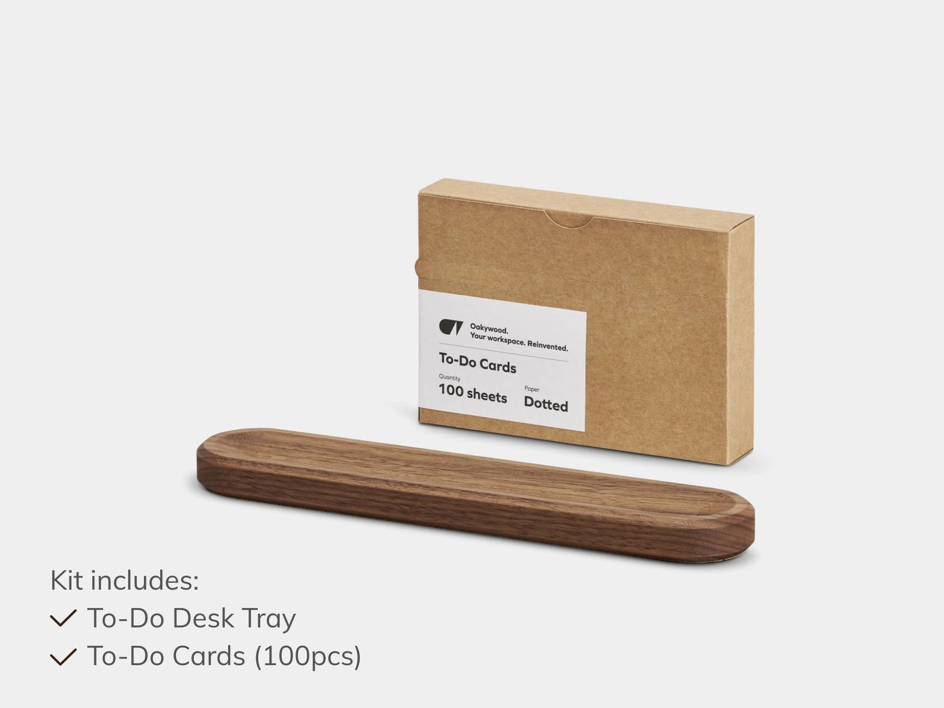 Wooden to-do desk tray and cardboard box with to-do cards on a white background | walnut