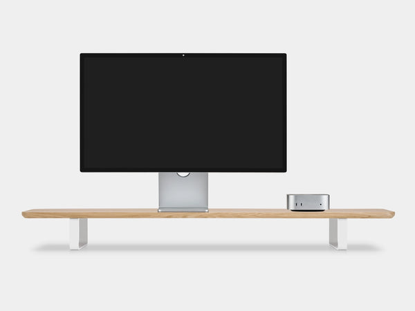 Apple display studio  and mac mini desk setup on oakywood desk shelf | light oak, white