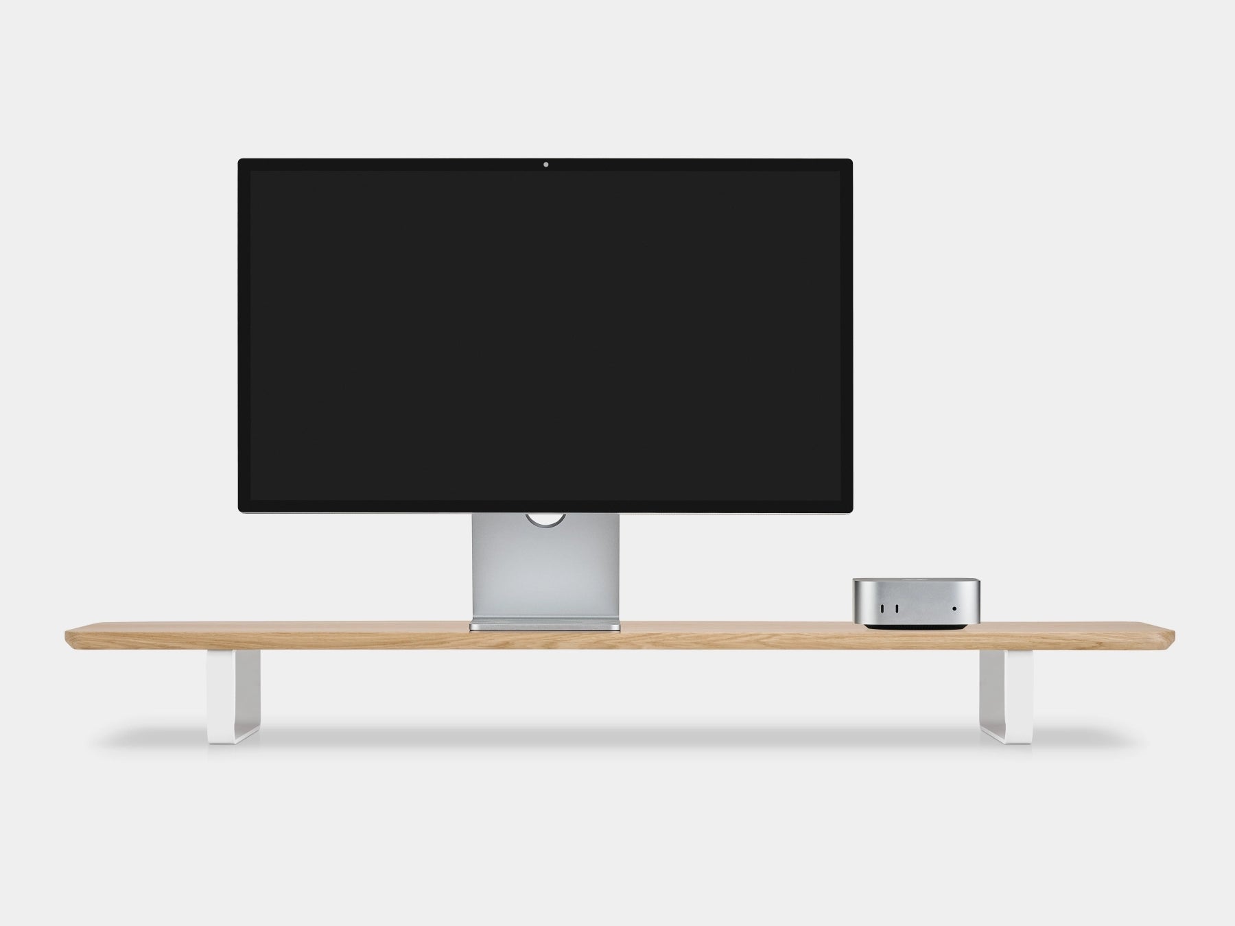 Apple display studio  and mac mini desk setup on oakywood desk shelf | light oak, white