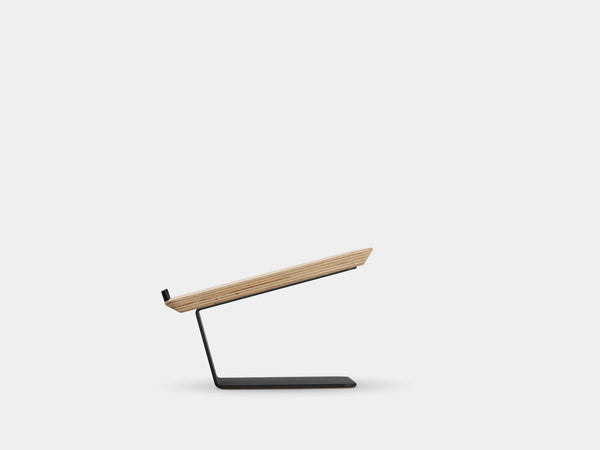 Wooden laptop stand on a white background | oak veneer, black