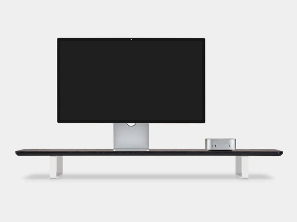 black wooden desk shelf with white legs - closeup | black, white