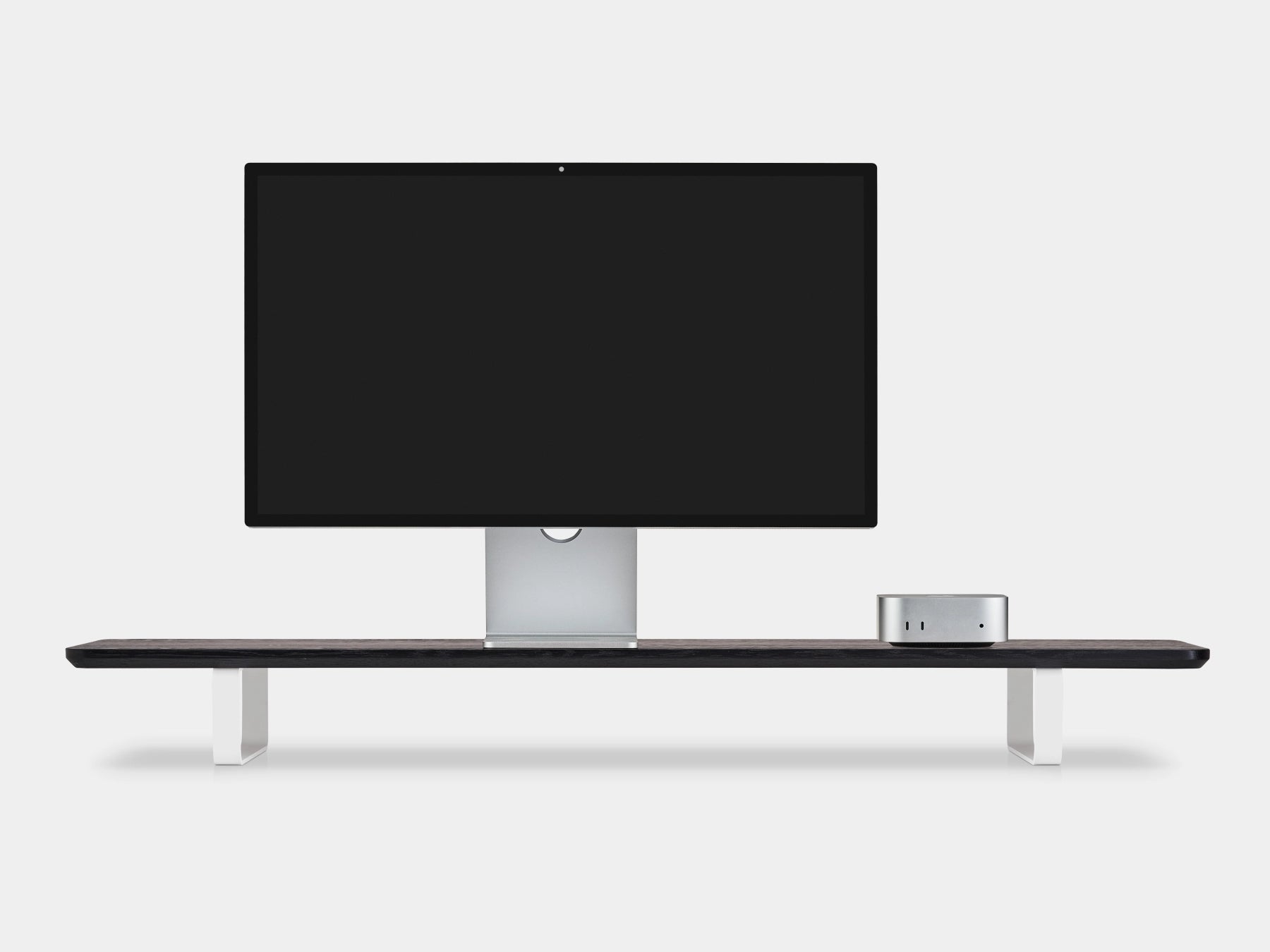 black wooden desk shelf with white legs - closeup | black, white