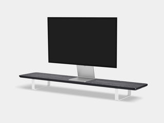 black wooden desk shelf with white legs - closeup | black, white
