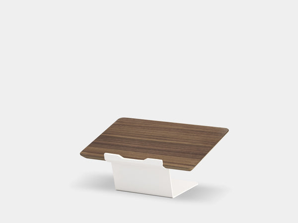 Wooden laptop stand on a white background | walnut veneer, white