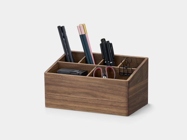 walnut wood desk organizer with office supplies on a white background| walnut