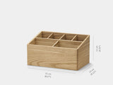 Wooden desk organizer with multiple compartments on a white background| oak