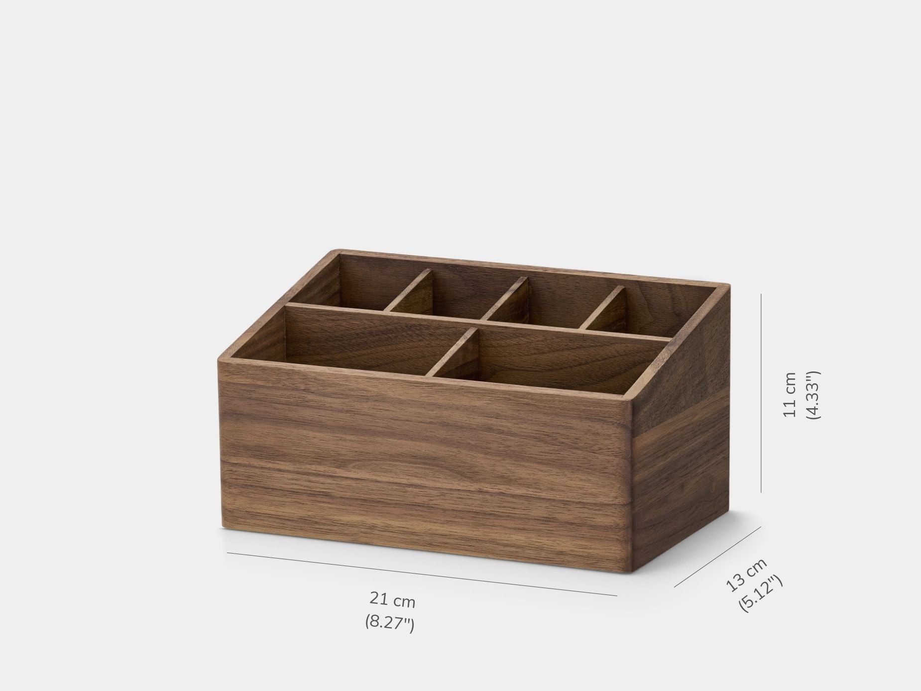 Wooden desk organizer with four compartments on a white background| walnut