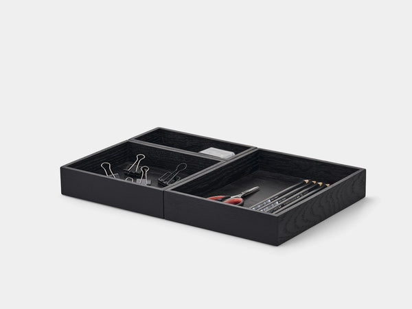 Black desk organizer with stationery items on a white background | black, set