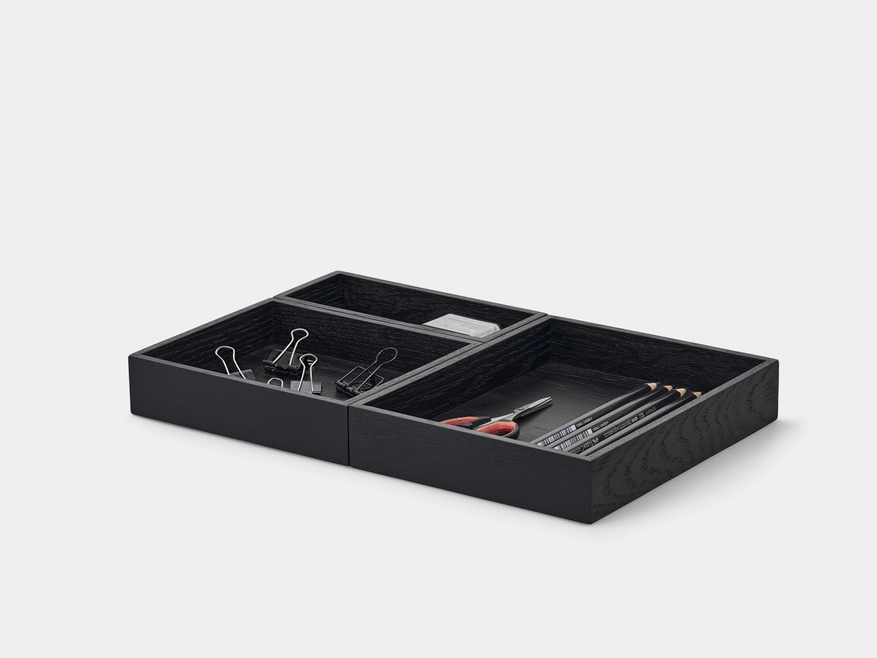 Black desk organizer with stationery items on a white background | black, set