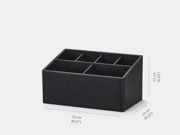 Black rectangular organizer with multiple compartments on a white background| black