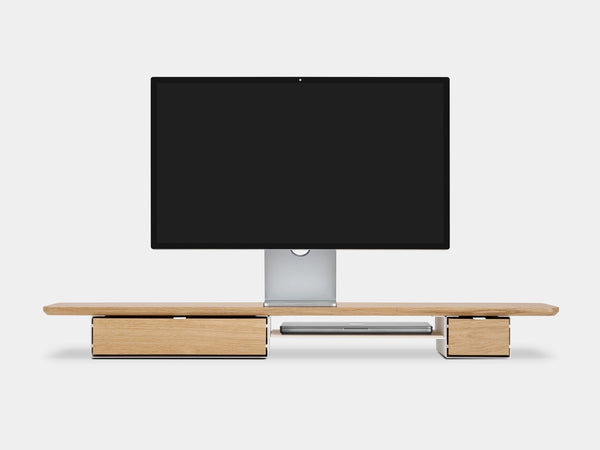 Modern monitor stand  a white background oakywood wooden desk shelf pro, solid wood monitor stand side view | light oak, single drawer, white
