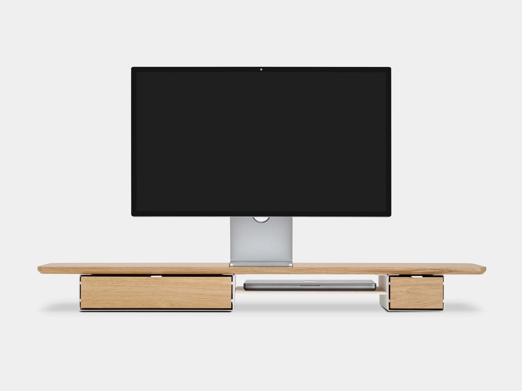 Modern monitor stand  a white background oakywood wooden desk shelf pro, solid wood monitor stand side view | light oak, single drawer, white