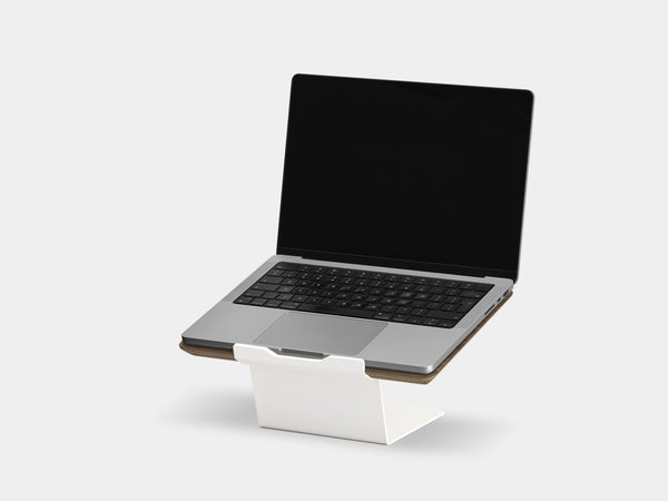Wooden laptop stand on a white background | walnut veneer, white