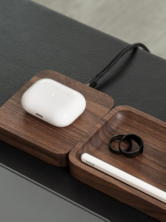 oakyblocks walnut wooden wireless charger desk setup with airpods | -