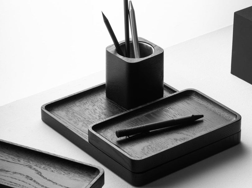 oakywood black wooden tray desk setup | black