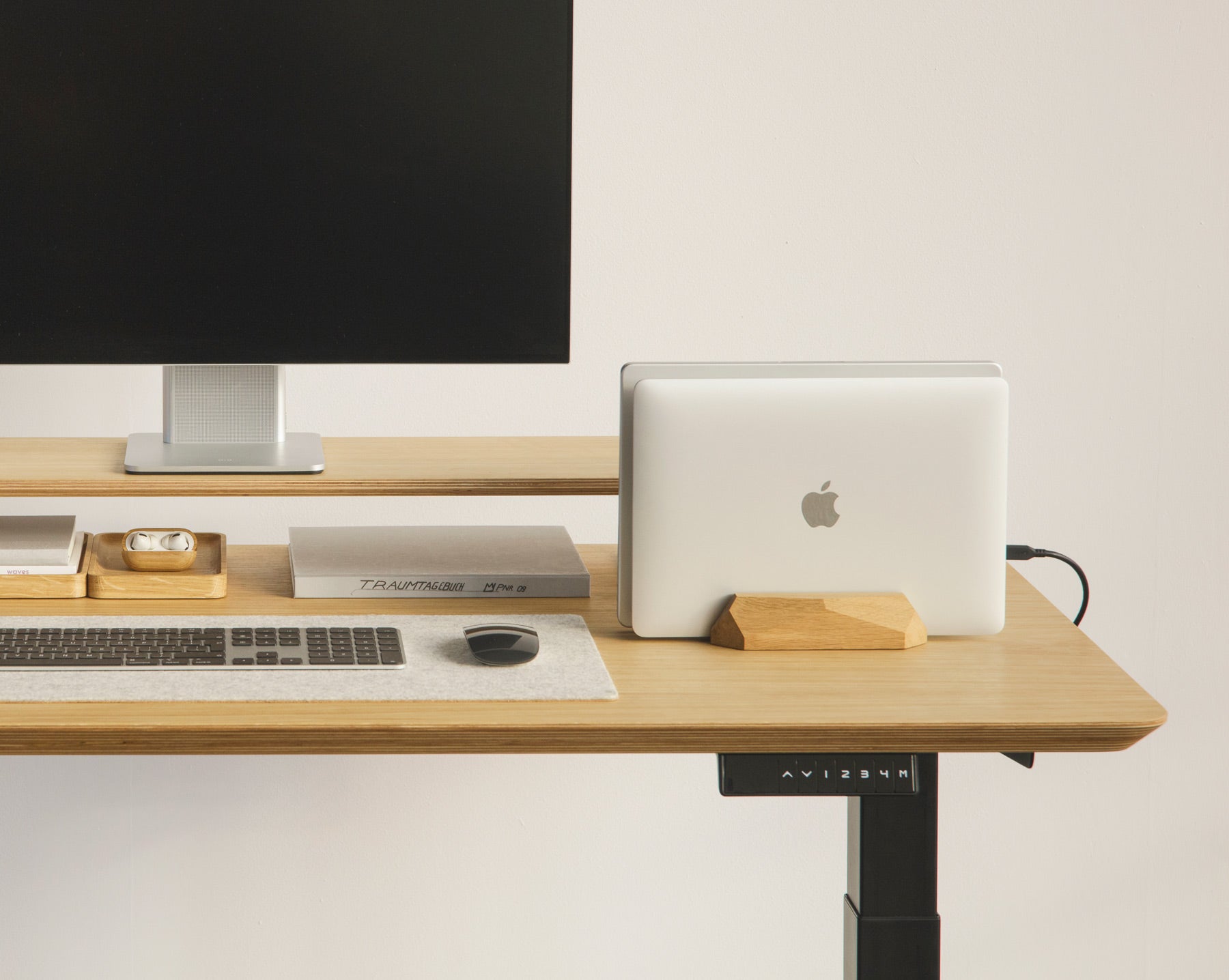 oakywood oak wooden dual laptop stand desk setup | -