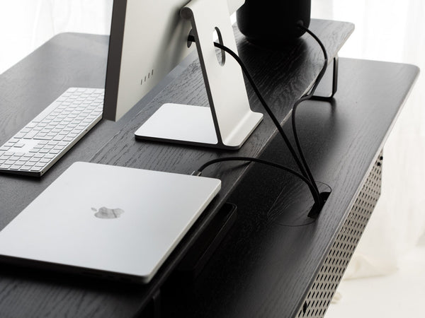 oakywood black wooden standing desk cable grommet closeup | black, , 