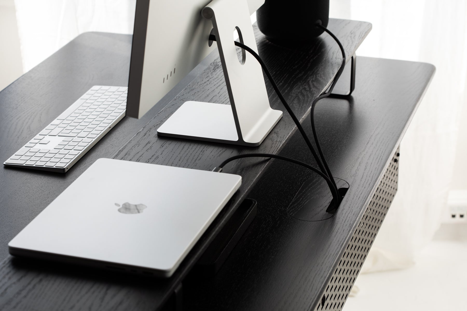oakywood black wooden standing desk cable grommet closeup | black, , 