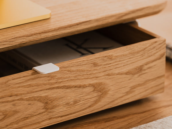 oakywood oak wooden desk shelf mini with a single drawer and white base closeup | oak, ,