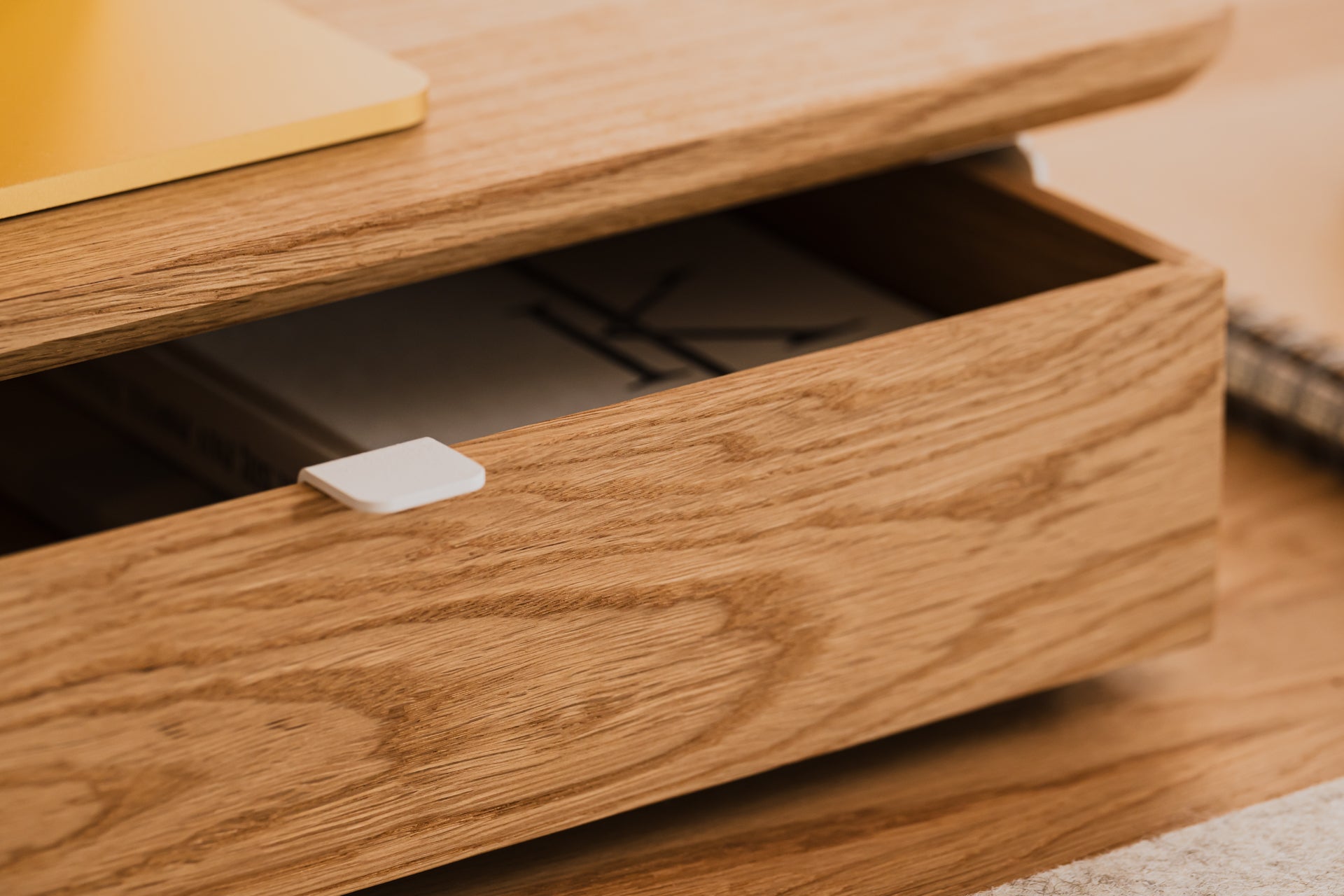 oakywood oak wooden desk shelf mini with a single drawer and white base closeup | oak, ,