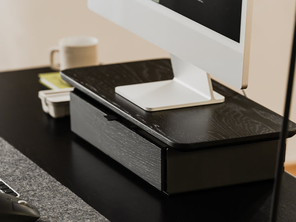 oakywood black wooden desk shelf mini with a single drawer and black base desk setup | black, ,