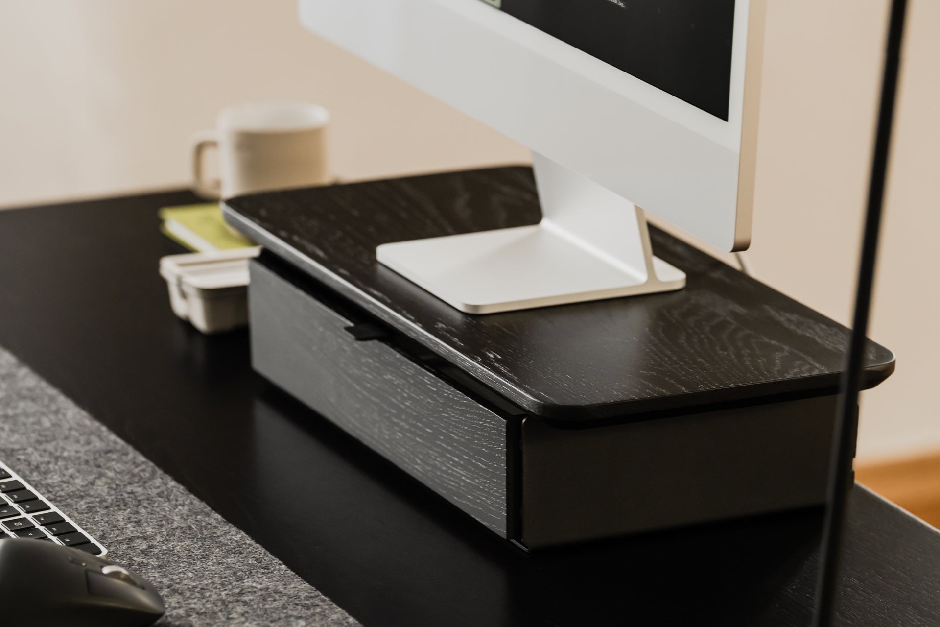oakywood black wooden desk shelf mini with a single drawer and black base desk setup | black, ,